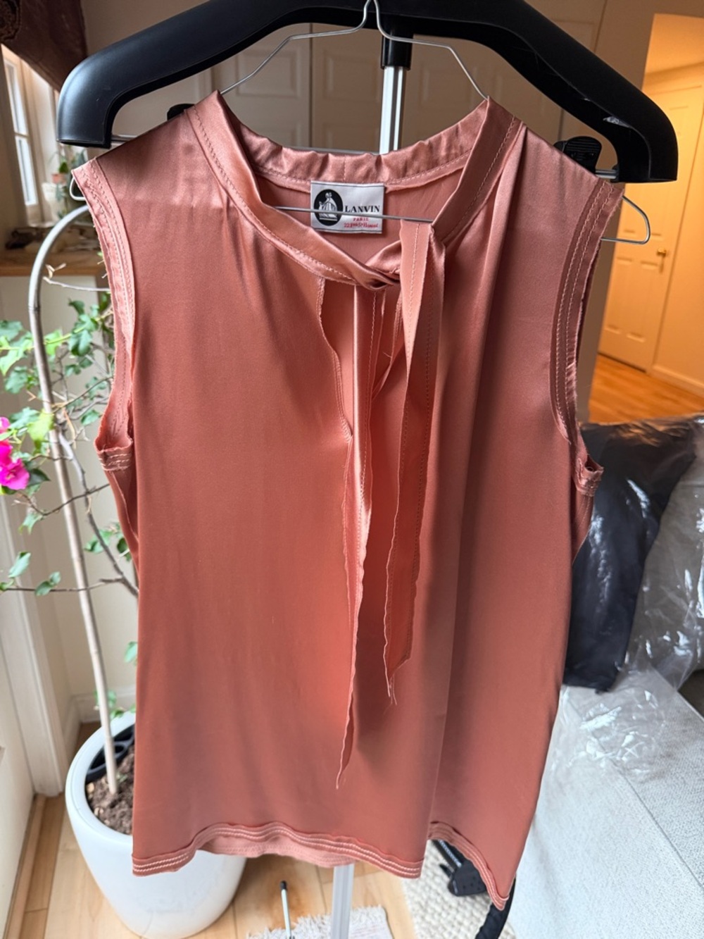 Lanvin Rust Pink Silk Tie-Neck Sleeveless Top